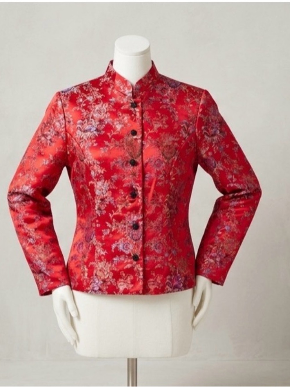 Silk Blend Asian Inspired Red Brocade Mandarin Collar Jacket - Women